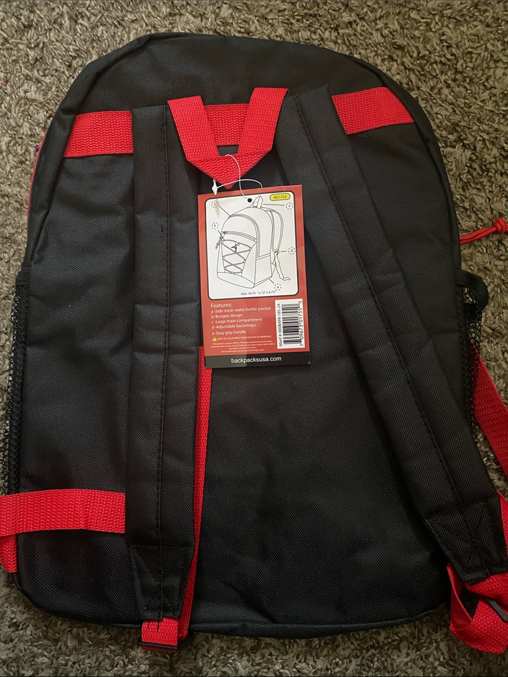 Black Backpack with Red Accents - Everyday Utility Pack - Picture 2 of 3